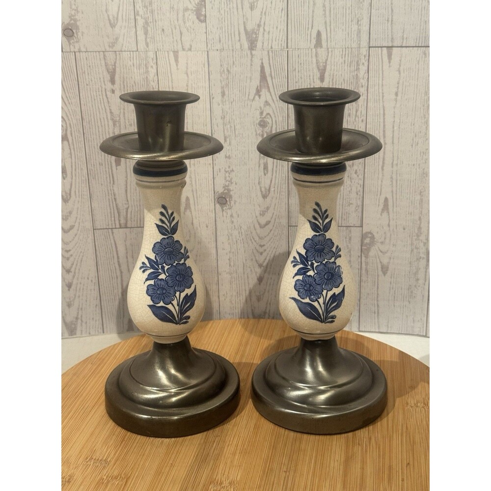 Cobalt Candlestick Holders Set Of 2 Metal Blue White Ceramic Floral Vintage 10”